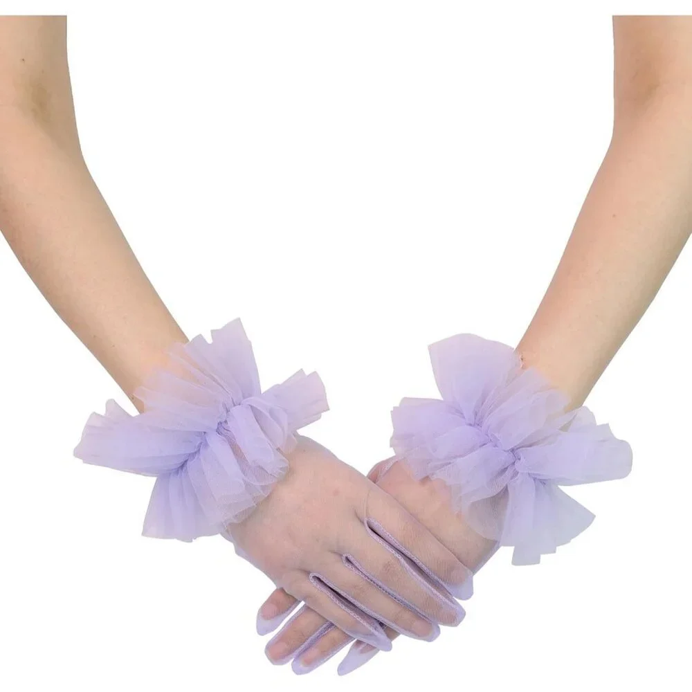 Women's Evening Lavender Ruffles Tulle Mesh Short Gloves Party Tea Wedding Prom